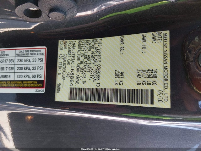 Aukcja sprzedaży 2010 Nissan Altima 2.5 S, vin: 1N4AL2EP3AC168864, numer aukcji: 46302912