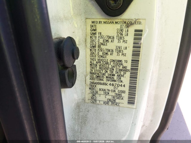 Aukcja sprzedaży 2006 Nissan Frontier Se, vin: 1N6AD06U86C467044, numer aukcji: 46302913