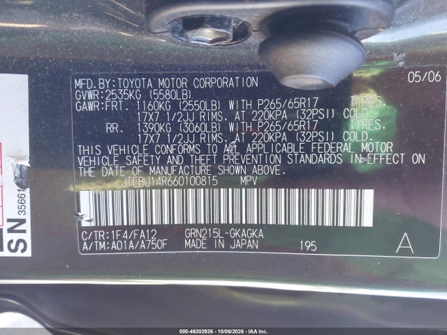 46302926 :رقم المزاد ، JTEBU14R660100815 vin ، 2006 Toyota 4runner Sr5 V6 مزاد بيع