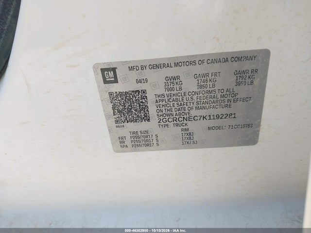 46302950 :رقم المزاد ، 2GCRCNEC7K1192281 vin ، 2019 Chevrolet Silverado 1500 Ld Wt مزاد بيع