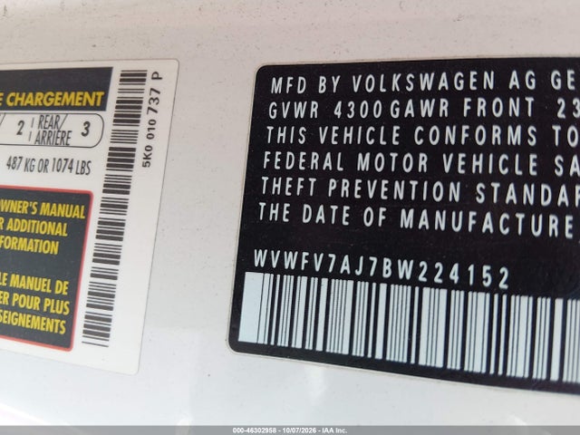 46302958 :رقم المزاد ، WVWFV7AJ7BW224152 vin ، 2011 Volkswagen Gti 2-door مزاد بيع