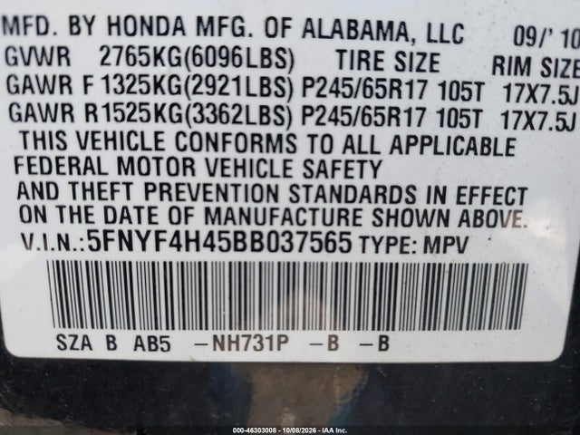 Продажа на аукционе авто 2011 Honda Pilot Ex, vin: 5FNYF4H45BB037565, номер лота: 46303008