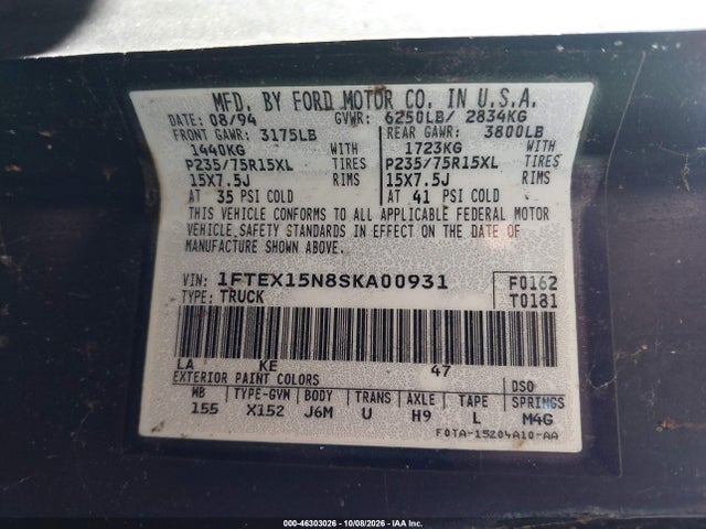 Продаж на аукціоні авто 1995 Ford F150, vin: 1FTEX15N8SKA00931, номер лоту: 46303026