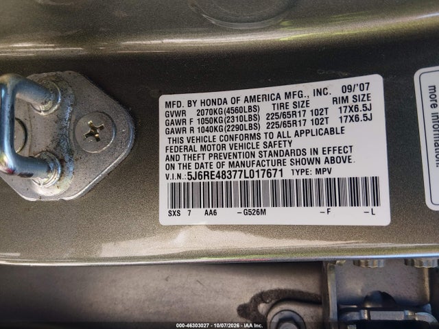 2007 Honda Cr-v Lx მანქანა იყიდება აუქციონზე, vin: 5J6RE48377L017671, აუქციონის ნომერი: 46303027