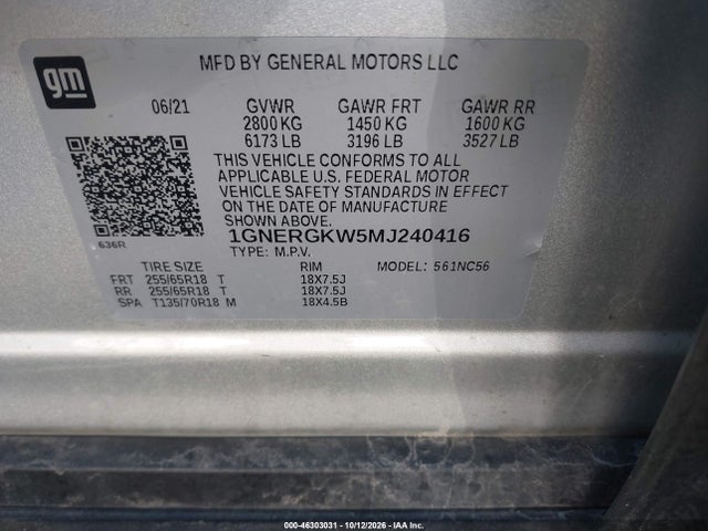Aukcja sprzedaży 2021 Chevrolet Traverse Fwd Lt Cloth, vin: 1GNERGKW5MJ240416, numer aukcji: 46303031