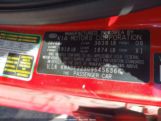 Auction sale of the 2009 Kia Rio Lx, vin: KNADE223096456366, lot number: 46303052