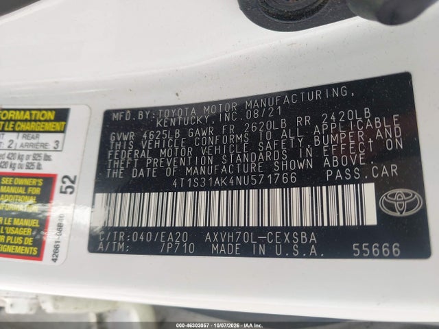 Продаж на аукціоні авто 2022 Toyota Camry Se Hybrid, vin: 4T1S31AK4NU571766, номер лоту: 46303057