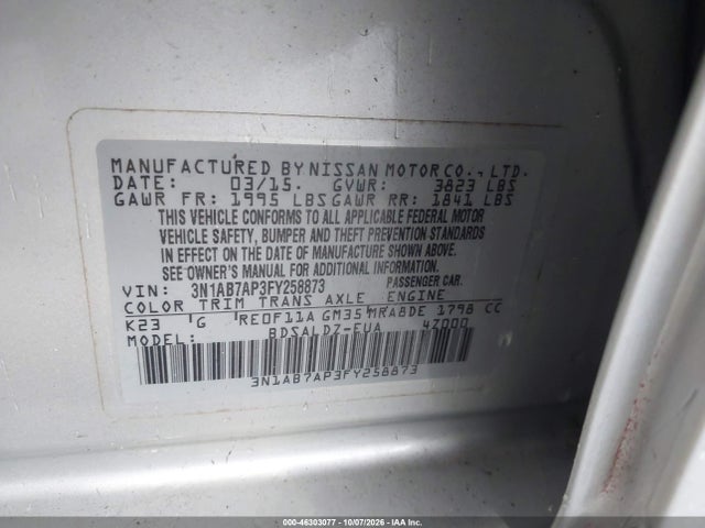 2015 Nissan Sentra Fe+ S/s/sl/sr/sv მანქანა იყიდება აუქციონზე, vin: 3N1AB7AP3FY258873, აუქციონის ნომერი: 46303077