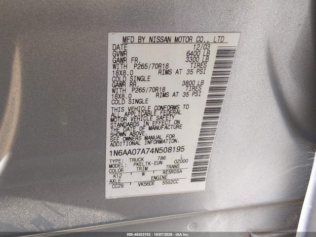 Aukcja sprzedaży 2004 Nissan Titan Se, vin: 1N6AA07A74N508195, numer aukcji: 46303102
