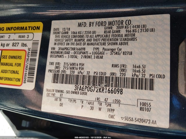 46303103 :رقم المزاد ، 3FA6P0G72KR166098 vin ، 2019 Ford Fusion S مزاد بيع