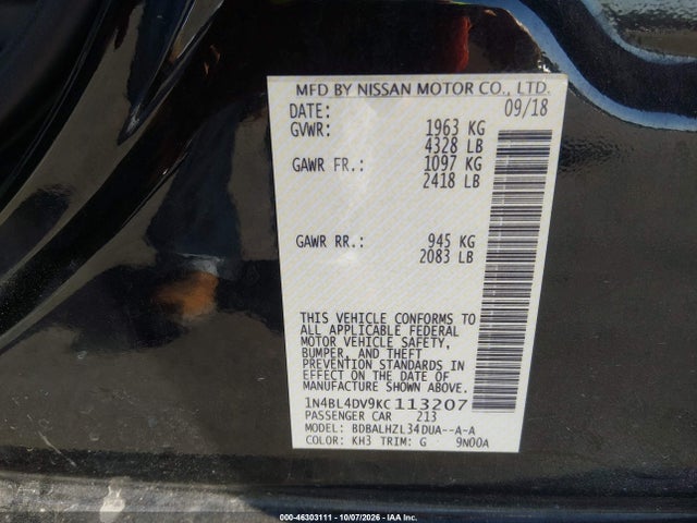 Продаж на аукціоні авто 2019 Nissan Altima 2.5 Sv, vin: 1N4BL4DV9KC113207, номер лоту: 46303111