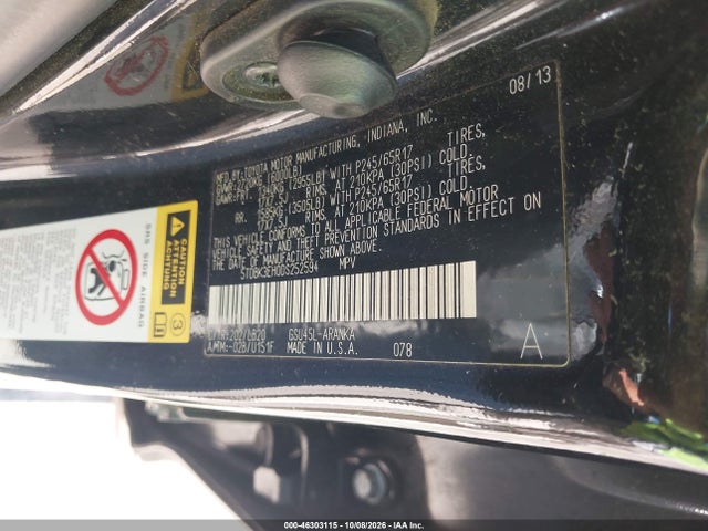 Aukcja sprzedaży 2013 Toyota Highlander Se V6, vin: 5TDBK3EH0DS252594, numer aukcji: 46303115