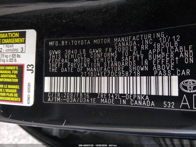 2013 Toyota Corolla Le მანქანა იყიდება აუქციონზე, vin: 2T1BU4EE7DC958718, აუქციონის ნომერი: 46303120