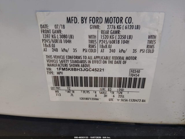 Продаж на аукціоні авто 2018 Ford Explorer, vin: 1FM5K8BH3JGC45221, номер лоту: 46303133