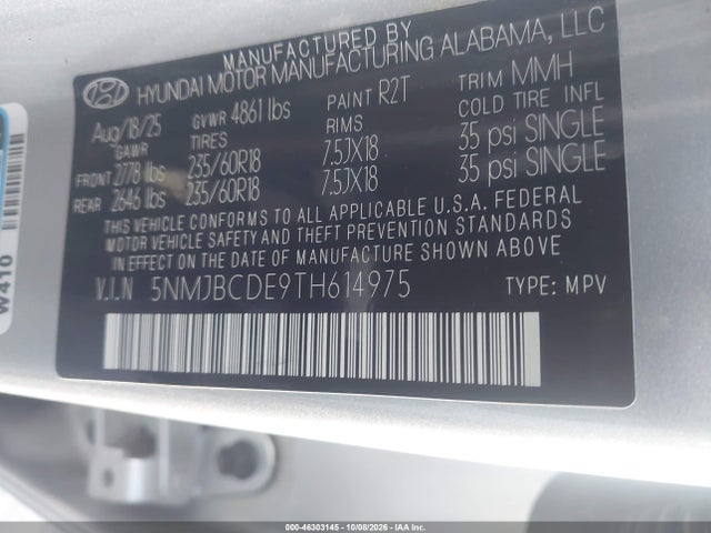 2026 Hyundai Tucson Sel მანქანა იყიდება აუქციონზე, vin: 5NMJBCDE9TH614975, აუქციონის ნომერი: 46303145
