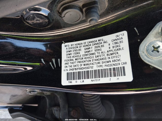 46303160 :رقم المزاد ، 2HGFB2F9XDH550752 vin ، 2013 Honda Civic Ex-l مزاد بيع