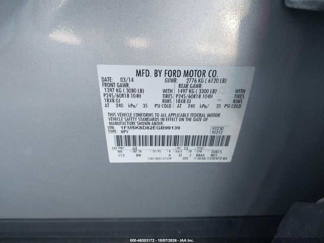 46303172 :رقم المزاد ، 1FM5K8D82EGB99139 vin ، 2014 Ford Explorer Xlt مزاد بيع