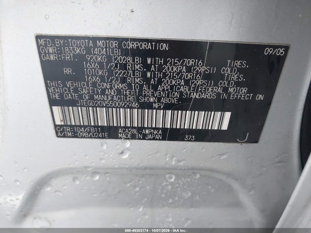 Aukcja sprzedaży 2005 Toyota Rav4, vin: JTEGD20V550092946, numer aukcji: 46303174