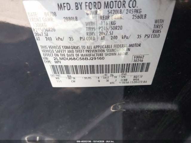2008 Lincoln Mkx მანქანა იყიდება აუქციონზე, vin: 2LMDU68C58BJ29160, აუქციონის ნომერი: 46303196