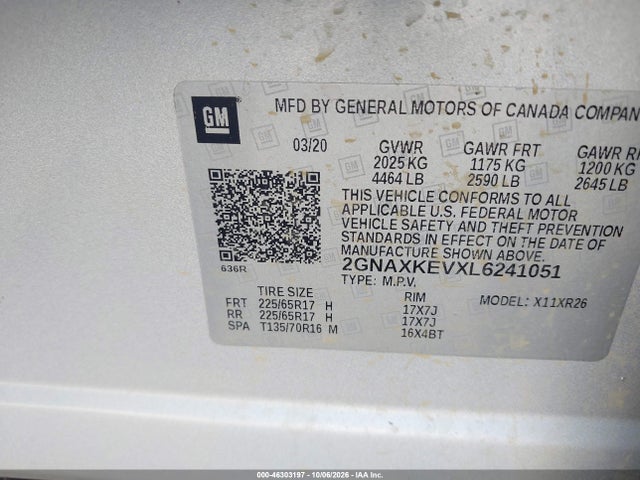 2GNAXKEVXL6241051 Chevrolet Equinox Fwd Lt 1.5l Turbo