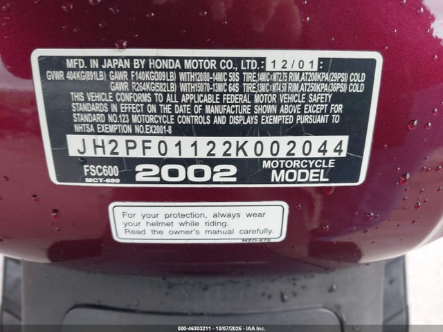 2002 Honda Fsc600 მანქანა იყიდება აუქციონზე, vin: JH2PF01122K002044, აუქციონის ნომერი: 46303211