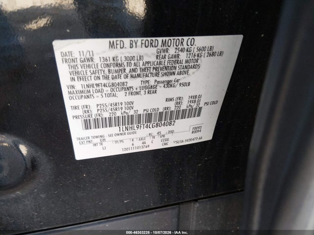 46303228 :رقم المزاد ، 1LNHL9FT4CG804082 vin ، 2012 Lincoln Mks Ecoboost مزاد بيع