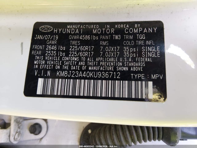 Продажа на аукционе авто 2019 Hyundai Tucson Se, vin: KM8J23A40KU936712, номер лота: 46303242