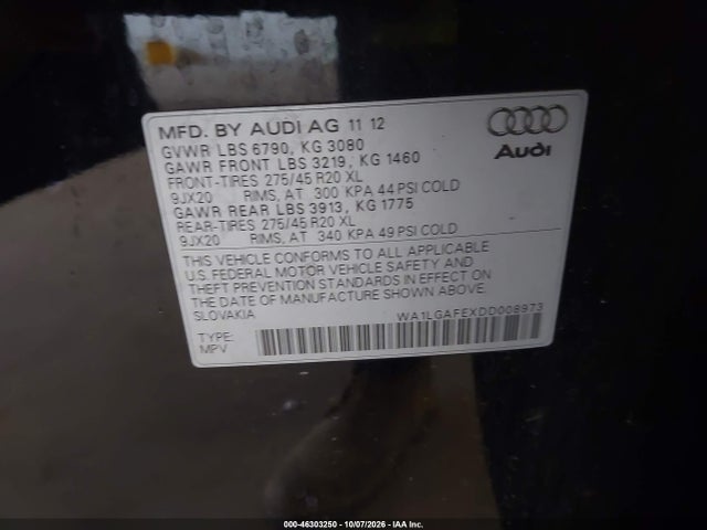 46303250 :رقم المزاد ، WA1LGAFEXDD008973 vin ، 2013 Audi Q7 3.0t Premium مزاد بيع