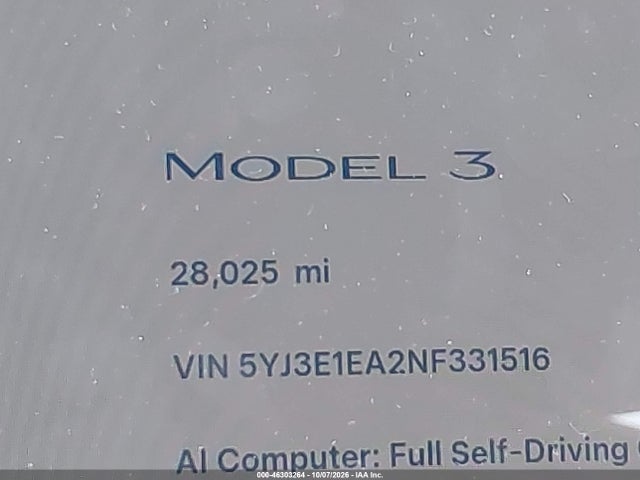 46303264 :رقم المزاد ، 5YJ3E1EA2NF331516 vin ، 2022 Tesla Model 3 Rear-wheel Drive مزاد بيع