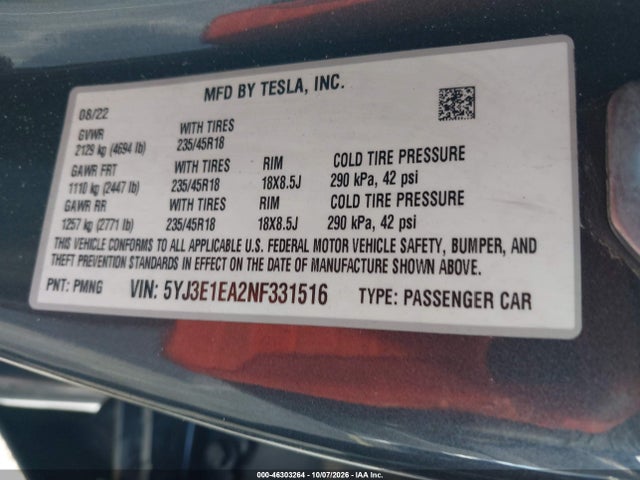 46303264 :رقم المزاد ، 5YJ3E1EA2NF331516 vin ، 2022 Tesla Model 3 Rear-wheel Drive مزاد بيع