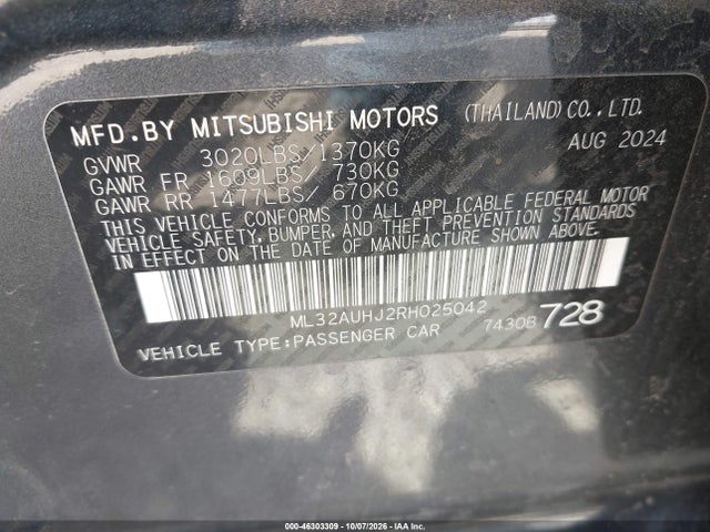 Продажа на аукционе авто 2024 Mitsubishi Mirage Es/le, vin: ML32AUHJ2RH025042, номер лота: 46303309