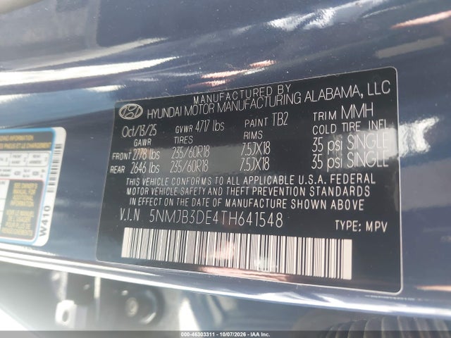 Продажа на аукционе авто 2026 Hyundai Tucson Sel, vin: 5NMJB3DE4TH641548, номер лота: 46303311