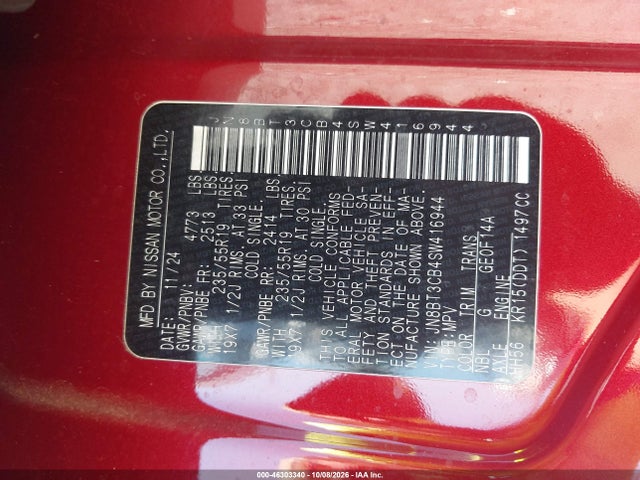 46303340 :رقم المزاد ، JN8BT3CB4SW416944 vin ، 2025 Nissan Rogue Sl Intelligent Awd مزاد بيع
