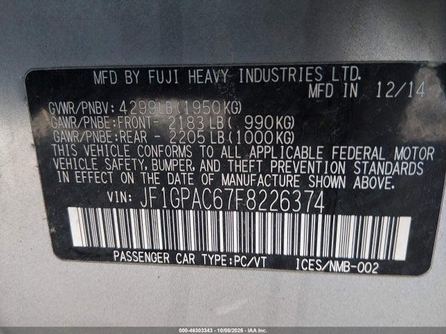 Aukcja sprzedaży 2015 Subaru Impreza 2.0i Premium, vin: JF1GPAC67F8226374, numer aukcji: 46303343
