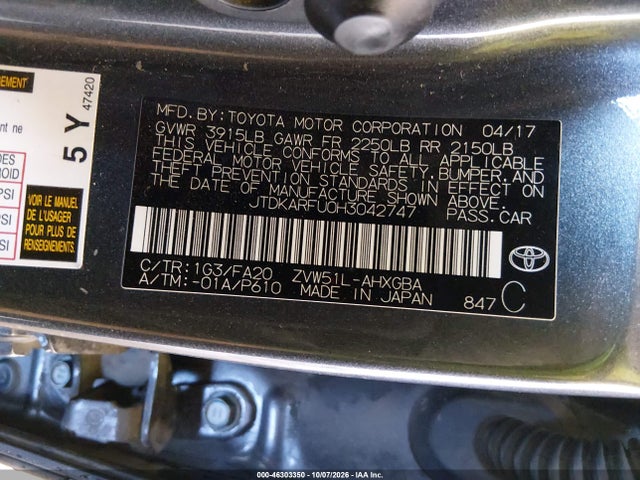 Продаж на аукціоні авто 2017 Toyota Prius Three, vin: JTDKARFU0H3042747, номер лоту: 46303350