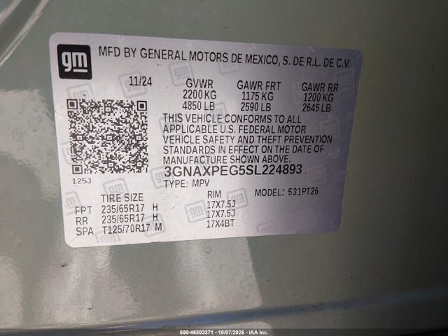 2025 Chevrolet Equinox Awd Lt მანქანა იყიდება აუქციონზე, vin: 3GNAXPEG5SL224893, აუქციონის ნომერი: 46303371