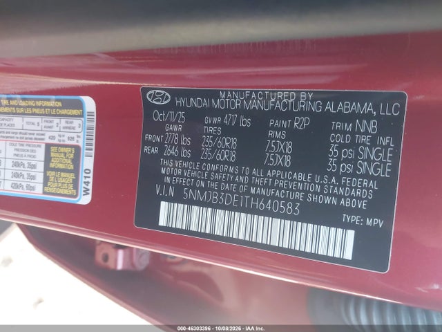 2026 Hyundai Tucson Sel მანქანა იყიდება აუქციონზე, vin: 5NMJB3DE1TH640583, აუქციონის ნომერი: 46303396