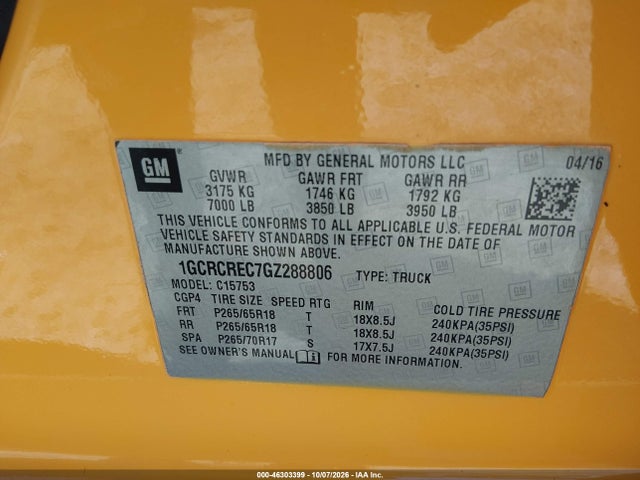 Aukcja sprzedaży 2016 Chevrolet Silverado 1500 1lt, vin: 1GCRCREC7GZ288806, numer aukcji: 46303399