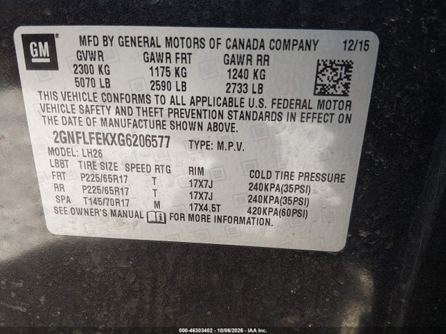 Aukcja sprzedaży 2016 Chevrolet Equinox Lt, vin: 2GNFLFEKXG6206577, numer aukcji: 46303402