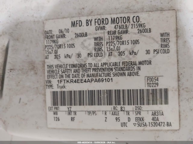 Продажа на аукционе авто 2010 Ford Ranger Sport/xlt, vin: 1FTKR4EE4APA69101, номер лота: 46303414