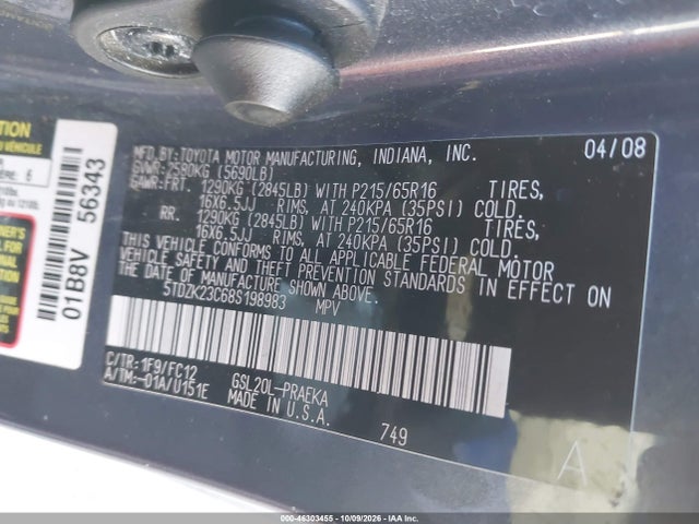 46303455 :رقم المزاد ، 5TDZK23C68S198983 vin ، 2008 Toyota Sienna Le مزاد بيع