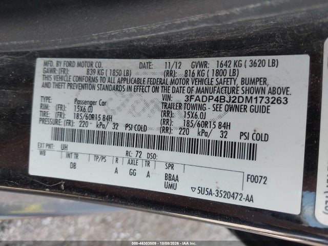 2013 Ford Fiesta Se მანქანა იყიდება აუქციონზე, vin: 3FADP4BJ2DM173263, აუქციონის ნომერი: 46303509