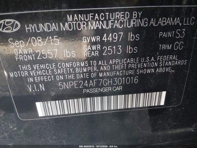 Aukcja sprzedaży 2016 Hyundai Sonata Se, vin: 5NPE24AF7GH301016, numer aukcji: 46303510