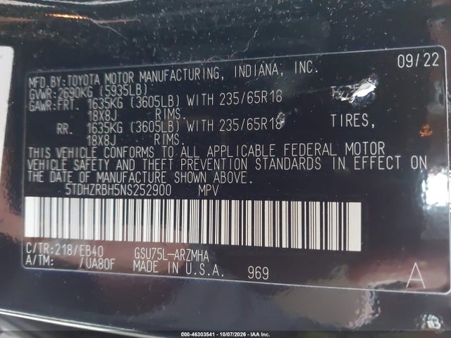 Aukcja sprzedaży 2022 Toyota Highlander Xle, vin: 5TDHZRBH5NS252900, numer aukcji: 46303541