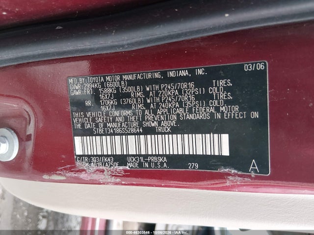 46303546 :رقم المزاد ، 5TBET34186S528644 vin ، 2006 Toyota Tundra Sr5 V8 مزاد بيع
