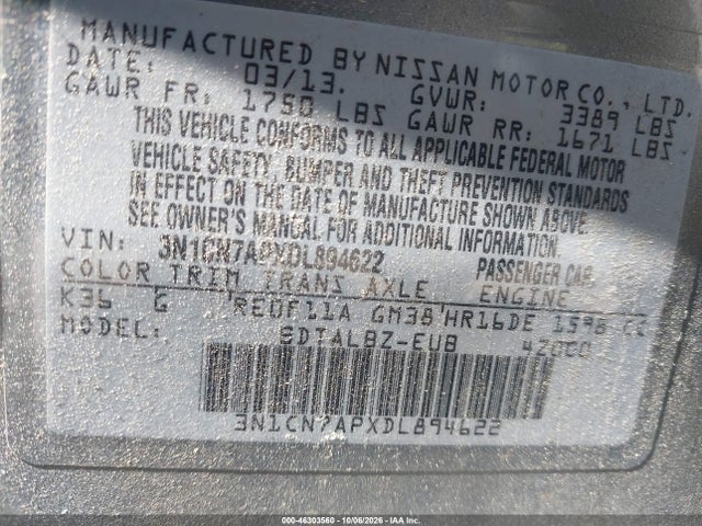 Продажа на аукционе авто 2013 Nissan Versa 1.6 Sv, vin: 3N1CN7APXDL894622, номер лота: 46303560