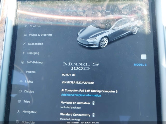 2018 Tesla Model S 100d/75d/p100d მანქანა იყიდება აუქციონზე, vin: 5YJSA1E27JF291329, აუქციონის ნომერი: 46303561