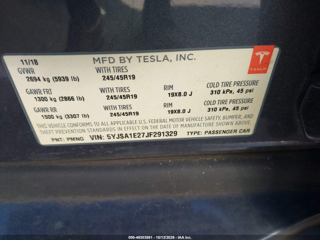2018 Tesla Model S 100d/75d/p100d მანქანა იყიდება აუქციონზე, vin: 5YJSA1E27JF291329, აუქციონის ნომერი: 46303561
