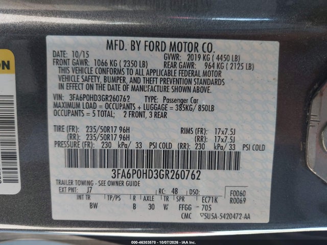 Ford FUSION SE 2016 3FA6P0HD3GR260762 Image 9