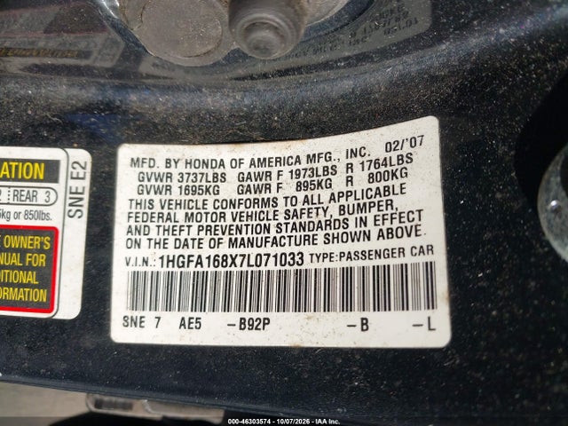 Продаж на аукціоні авто 2007 Honda Civic Ex, vin: 1HGFA168X7L071033, номер лоту: 46303574